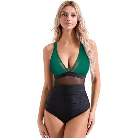 NWT Suuksess Black Green Mesh V-neck One-Piece Swim Bathing Suit Women's Size XL - Picture 1 of 9